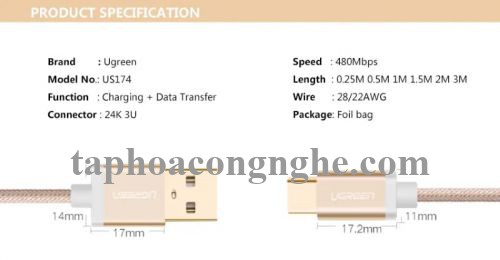 Ugreen 20859 0.5M màu Vàng Dây USB 2.0 sang Type-C đầu nhôm dây bọc vinyl US174 30020859